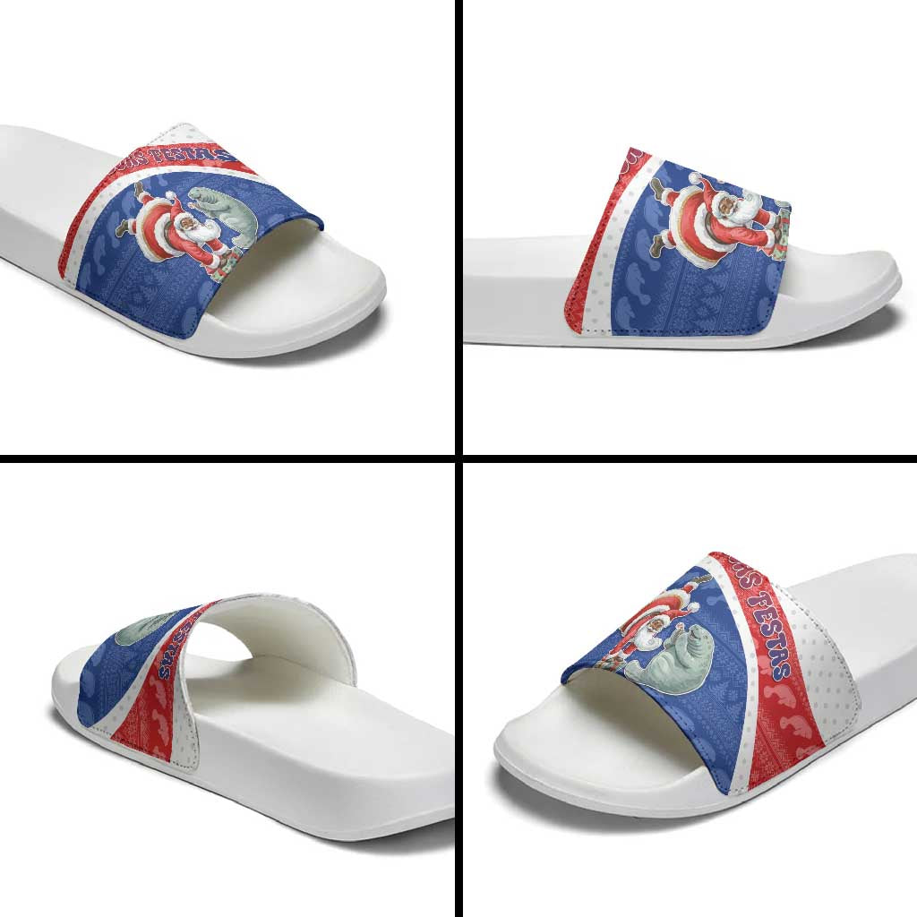 Cape Verde Christmas Slide Sandals Black Santa Clause With The Manatee - Wonder Print Shop