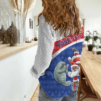 Personalized Cape Verde Christmas Women Casual Shirt Black Santa Clause With The Manatee - Wonder Print Shop