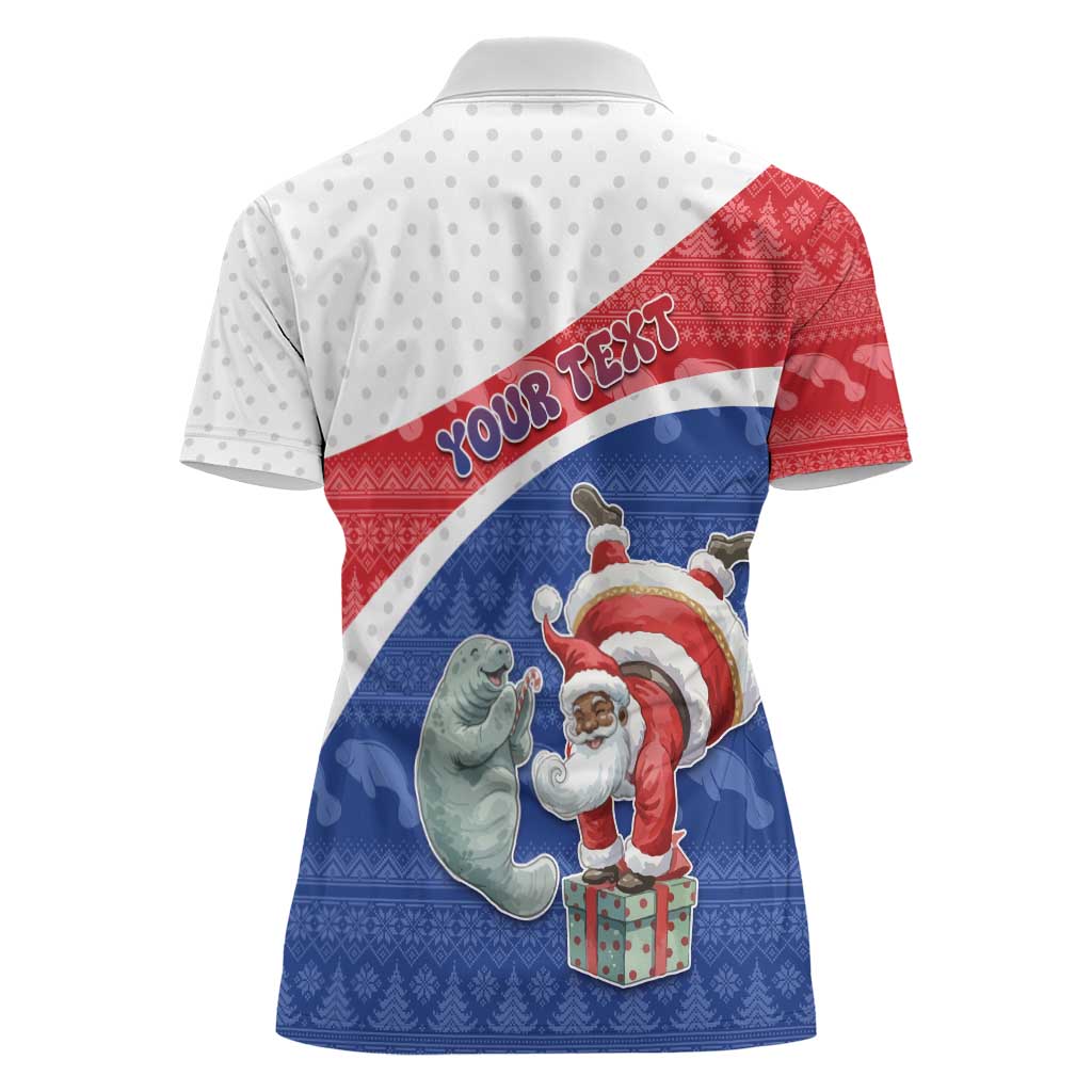 Personalized Cape Verde Christmas Women Polo Shirt Black Santa Clause With The Manatee - Wonder Print Shop