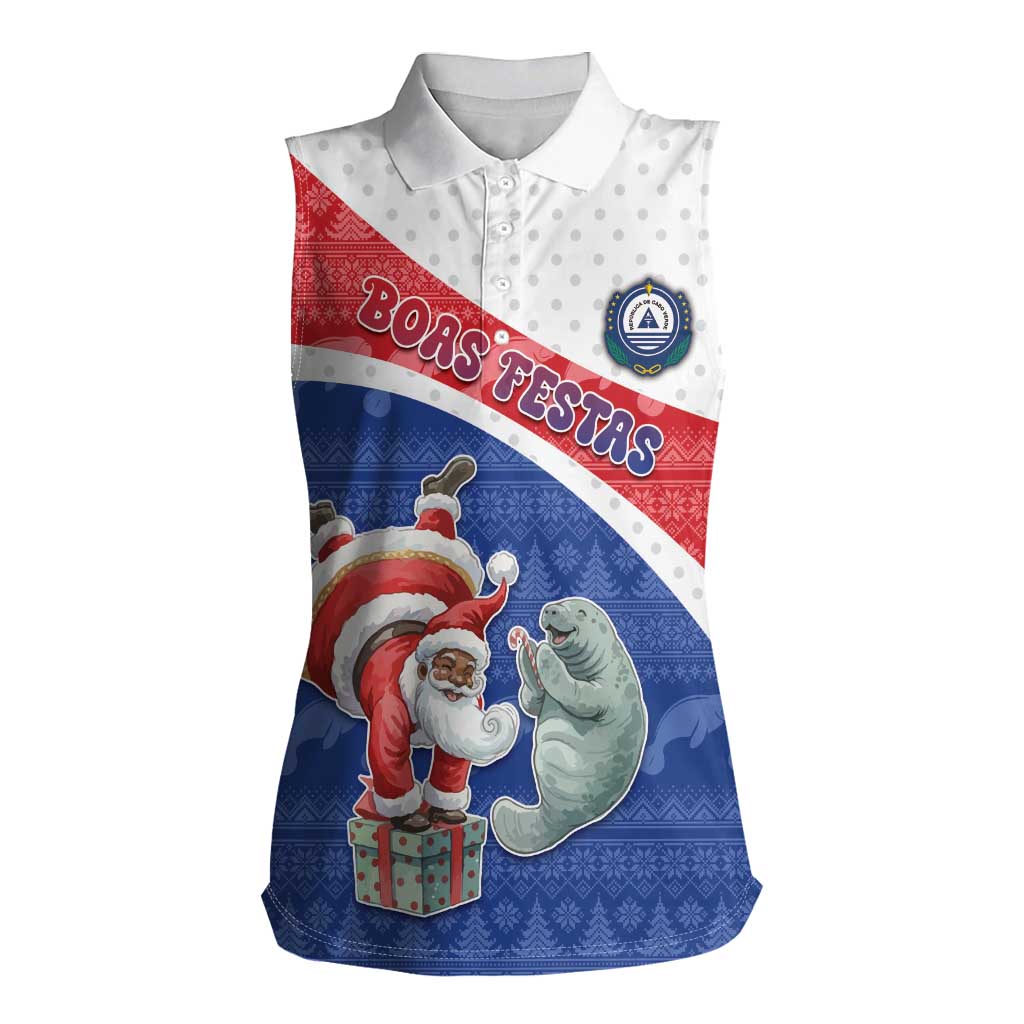 Personalized Cape Verde Christmas Women Sleeveless Polo Shirt Black Santa Clause With The Manatee - Wonder Print Shop