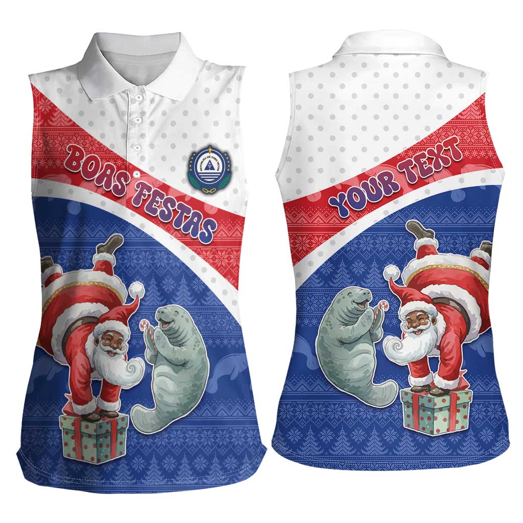 Personalized Cape Verde Christmas Women Sleeveless Polo Shirt Black Santa Clause With The Manatee - Wonder Print Shop