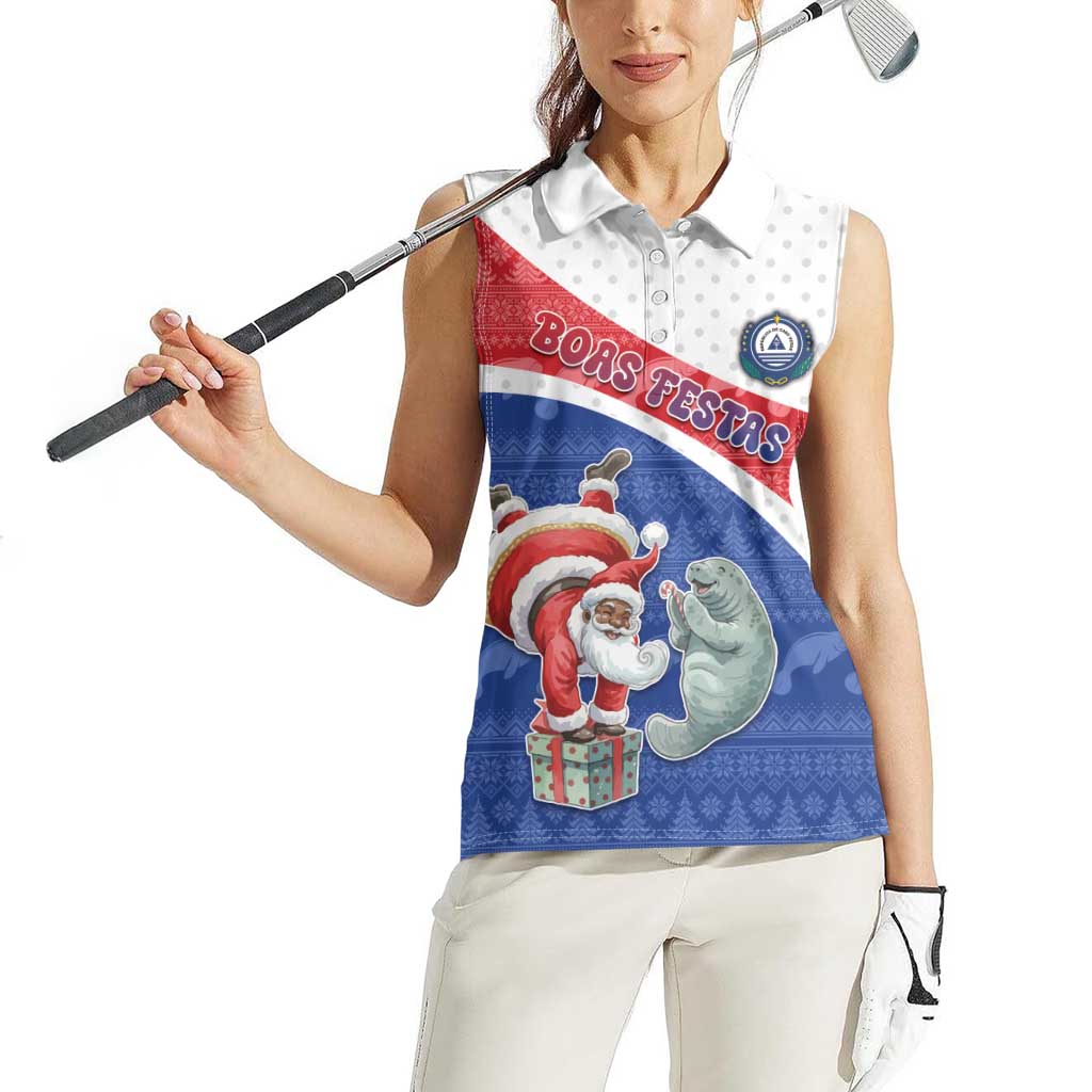 Personalized Cape Verde Christmas Women Sleeveless Polo Shirt Black Santa Clause With The Manatee - Wonder Print Shop