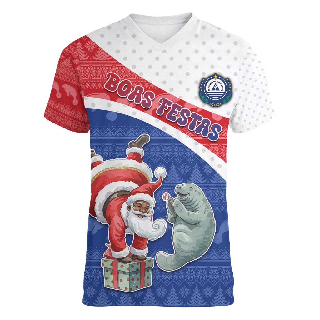Personalized Cape Verde Christmas Women V-Neck T-Shirt Black Santa Clause With The Manatee - Wonder Print Shop