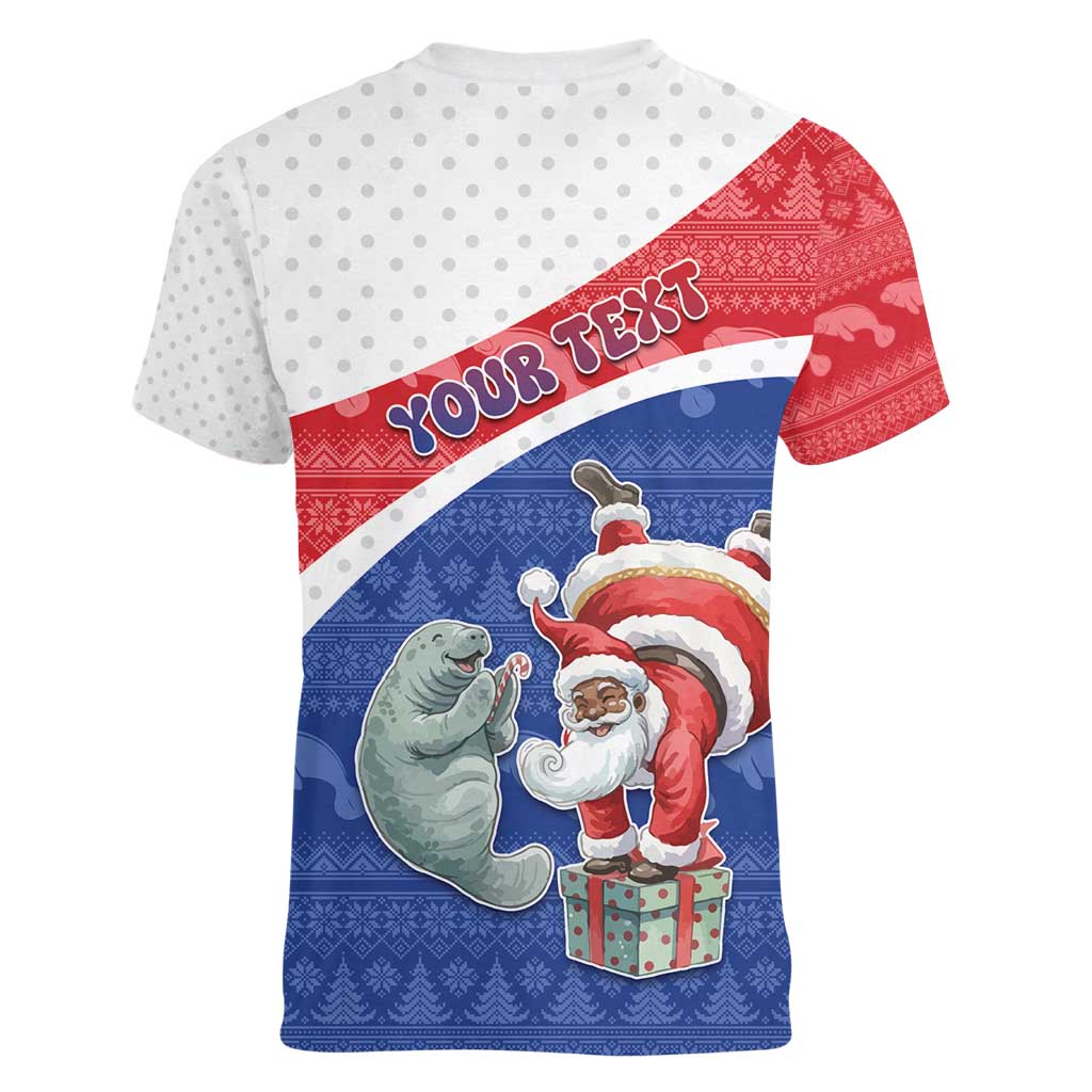 Personalized Cape Verde Christmas Women V-Neck T-Shirt Black Santa Clause With The Manatee - Wonder Print Shop