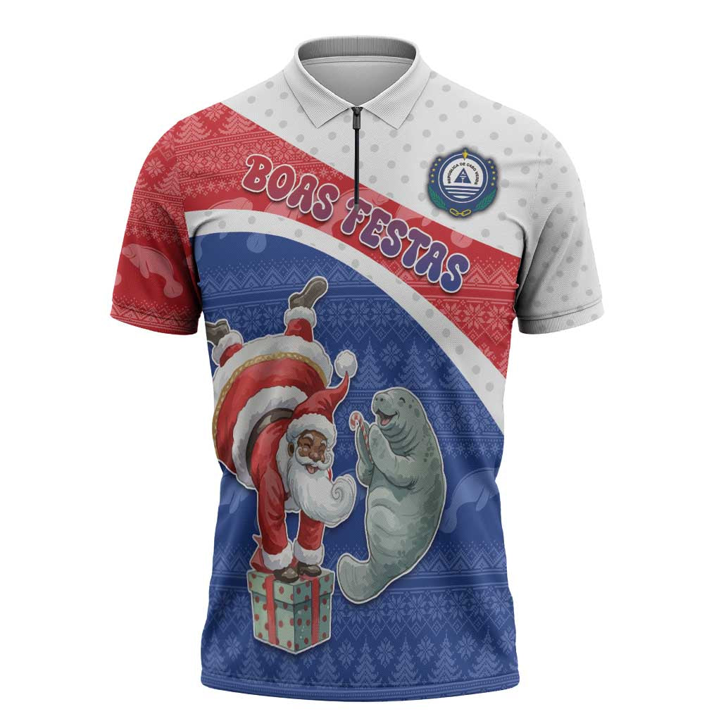 Personalized Cape Verde Christmas Zipper Polo Shirt Black Santa Clause With The Manatee - Wonder Print Shop