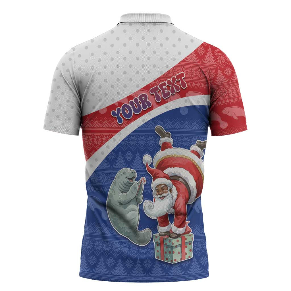 Personalized Cape Verde Christmas Zipper Polo Shirt Black Santa Clause With The Manatee - Wonder Print Shop