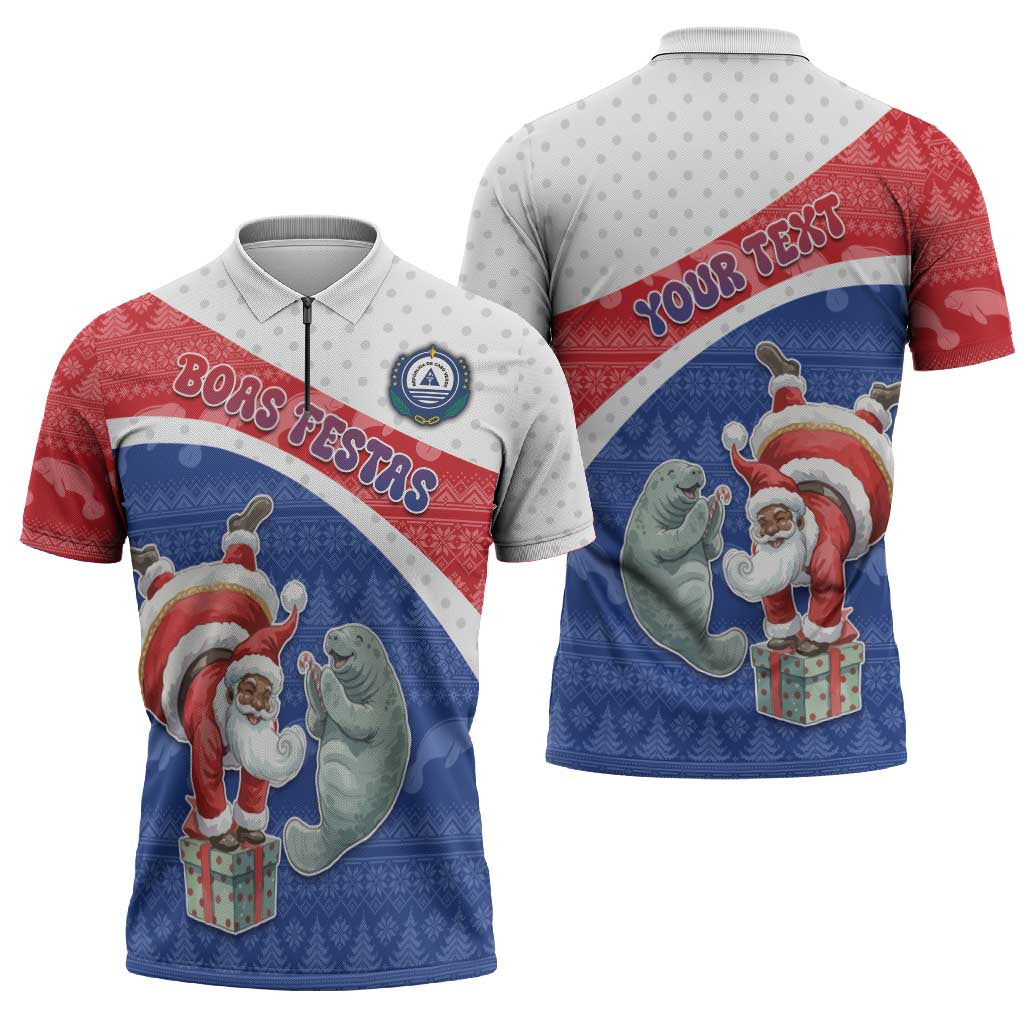 Personalized Cape Verde Christmas Zipper Polo Shirt Black Santa Clause With The Manatee - Wonder Print Shop