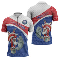 Personalized Cape Verde Christmas Zipper Polo Shirt Black Santa Clause With The Manatee - Wonder Print Shop