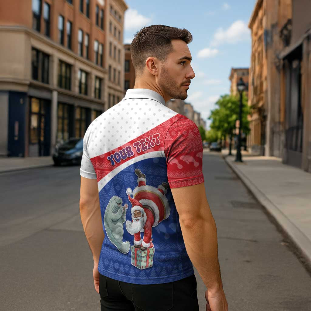 Personalized Cape Verde Christmas Zipper Polo Shirt Black Santa Clause With The Manatee - Wonder Print Shop