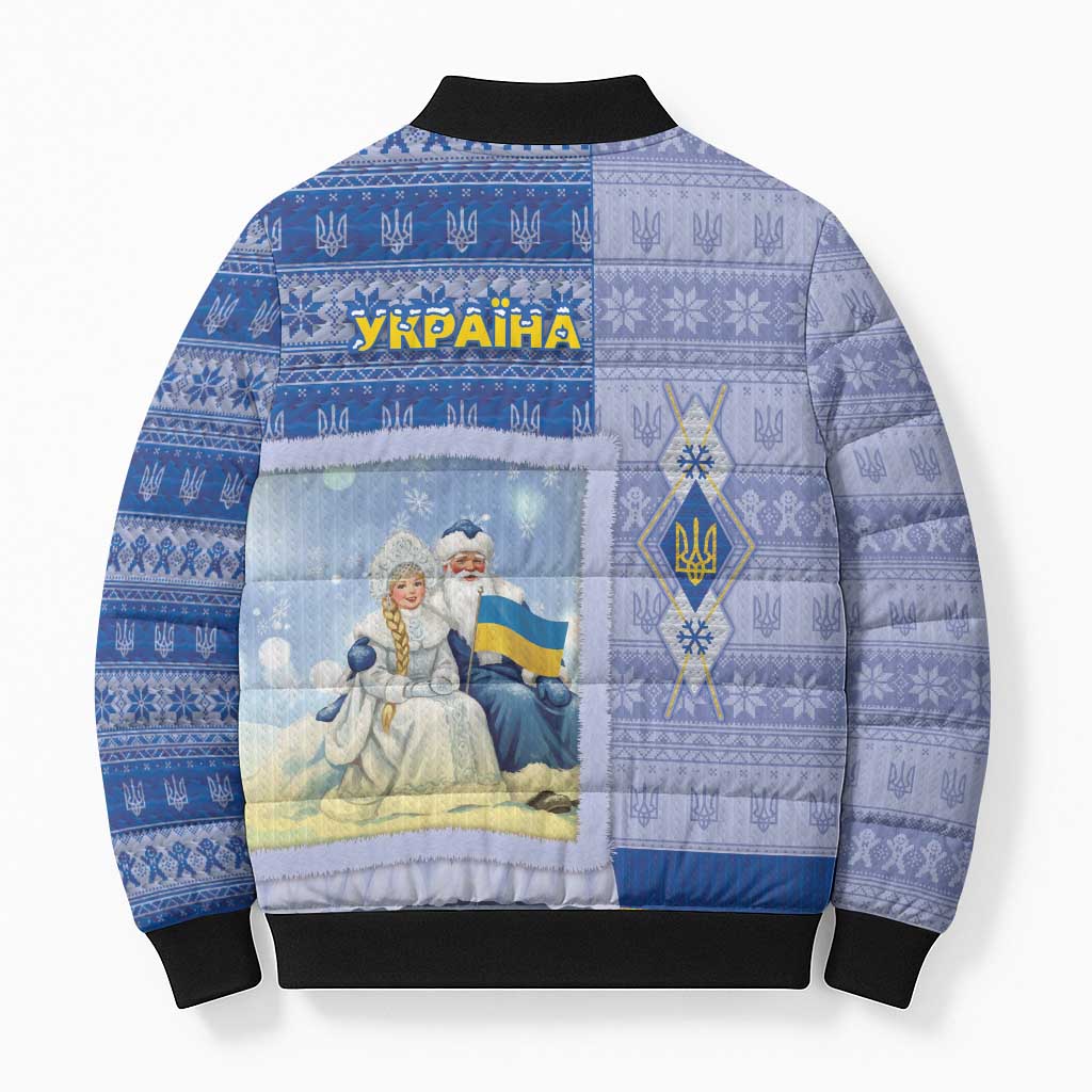 Ukraine Ded Moroz And Snegurochka Christmas Bomber Puffer Jacket With Wool Effect Patterns - Wonder Print Shop