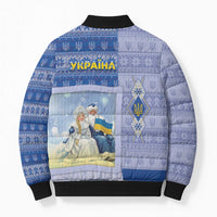 Ukraine Ded Moroz And Snegurochka Christmas Bomber Puffer Jacket With Wool Effect Patterns - Wonder Print Shop