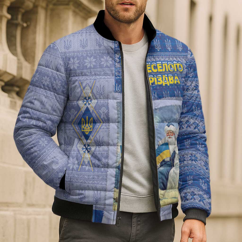 Ukraine Ded Moroz And Snegurochka Christmas Bomber Puffer Jacket With Wool Effect Patterns - Wonder Print Shop