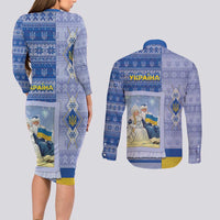 Ukraine Ded Moroz And Snegurochka Christmas Couples Matching Long Sleeve Bodycon Dress and Long Sleeve Button Shirt With Wool Effect Patterns - Wonder Print Shop