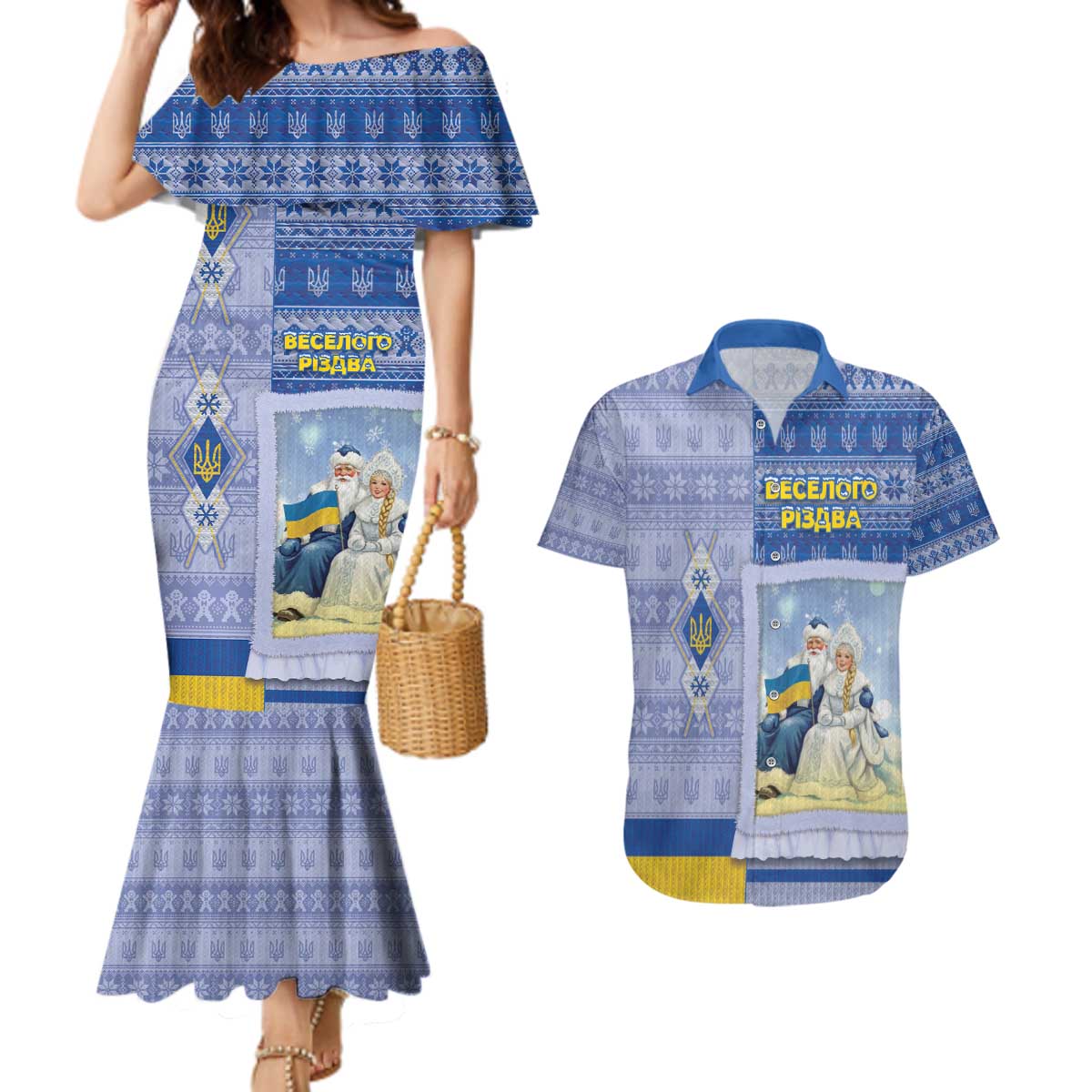 Ukraine Ded Moroz And Snegurochka Christmas Couples Matching Mermaid Dress and Hawaiian Shirt With Wool Effect Patterns - Wonder Print Shop