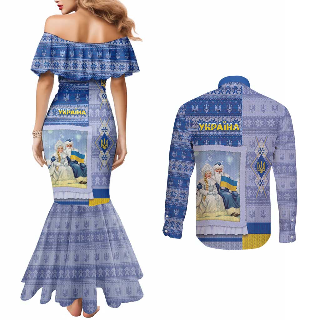 Ukraine Ded Moroz And Snegurochka Christmas Couples Matching Mermaid Dress and Long Sleeve Button Shirt With Wool Effect Patterns - Wonder Print Shop