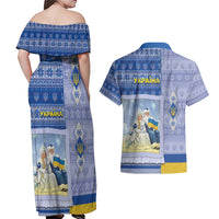 Ukraine Ded Moroz And Snegurochka Christmas Couples Matching Off Shoulder Maxi Dress and Hawaiian Shirt With Wool Effect Patterns - Wonder Print Shop