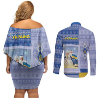 Ukraine Ded Moroz And Snegurochka Christmas Couples Matching Off Shoulder Short Dress and Long Sleeve Button Shirt With Wool Effect Patterns - Wonder Print Shop