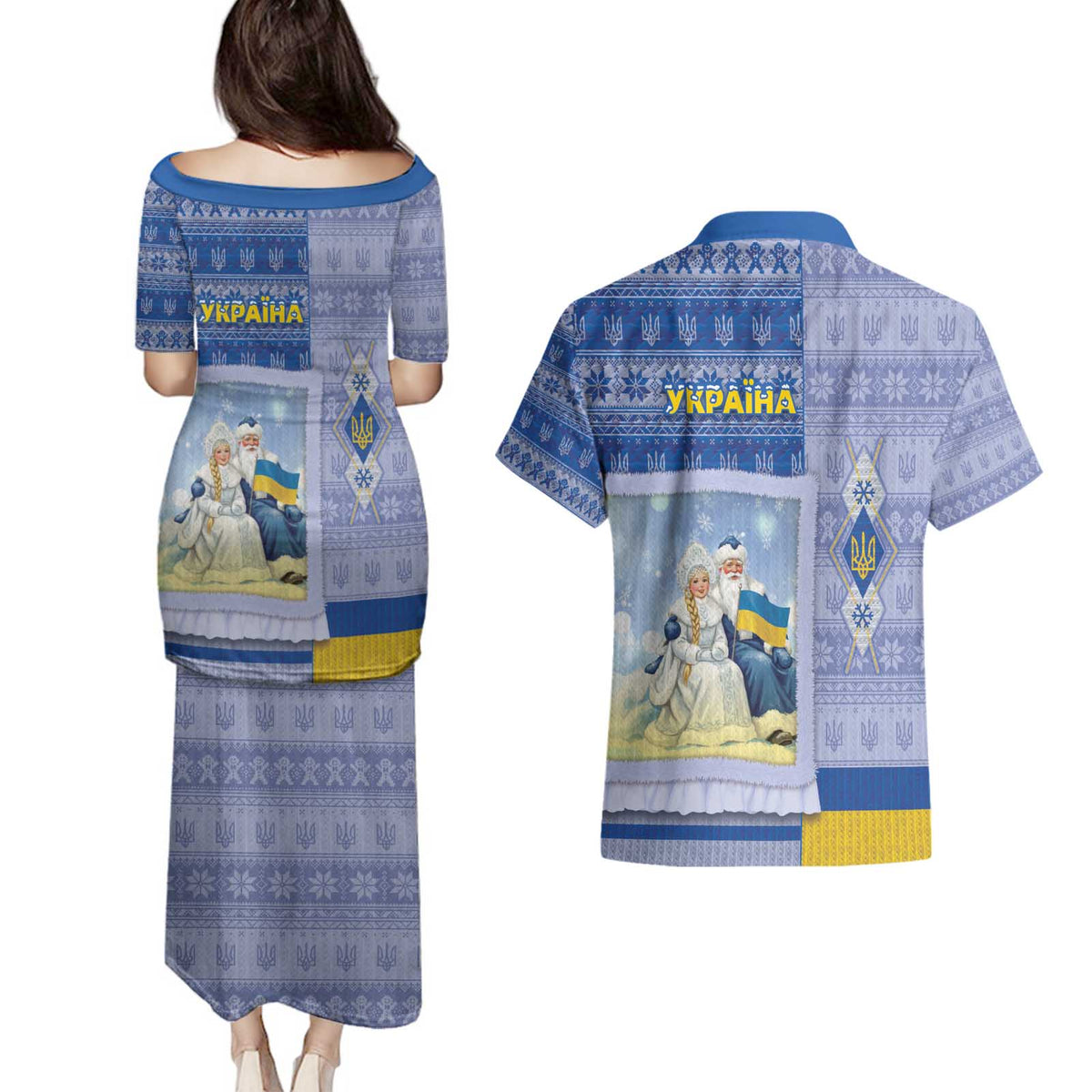 Ukraine Ded Moroz And Snegurochka Christmas Couples Matching Puletasi and Hawaiian Shirt With Wool Effect Patterns - Wonder Print Shop