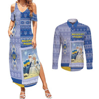 Ukraine Ded Moroz And Snegurochka Christmas Couples Matching Summer Maxi Dress and Long Sleeve Button Shirt With Wool Effect Patterns - Wonder Print Shop