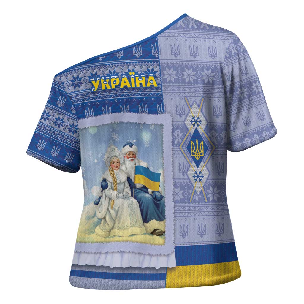 Ukraine Ded Moroz And Snegurochka Christmas Cross Shoulder Shirt With Wool Effect Patterns - Wonder Print Shop