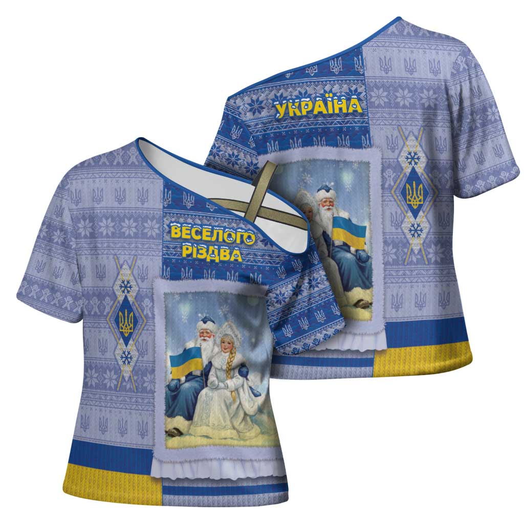 Ukraine Ded Moroz And Snegurochka Christmas Cross Shoulder Shirt With Wool Effect Patterns - Wonder Print Shop