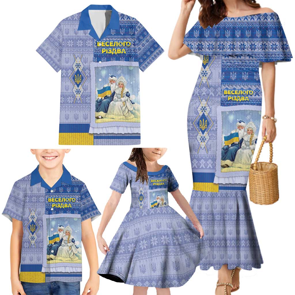 Ukraine Ded Moroz And Snegurochka Christmas Family Matching Mermaid Dress and Hawaiian Shirt With Wool Effect Patterns - Wonder Print Shop