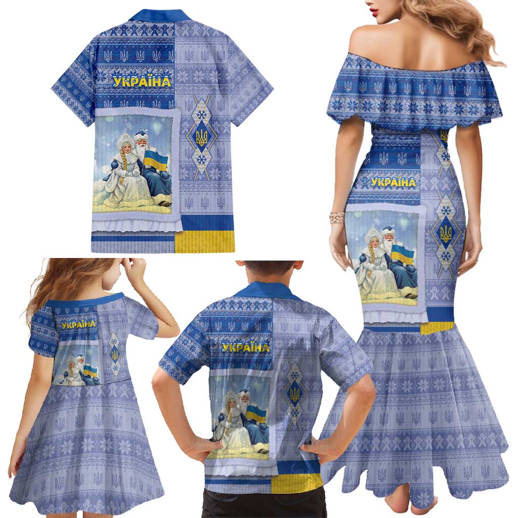 Ukraine Ded Moroz And Snegurochka Christmas Family Matching Mermaid Dress and Hawaiian Shirt With Wool Effect Patterns - Wonder Print Shop