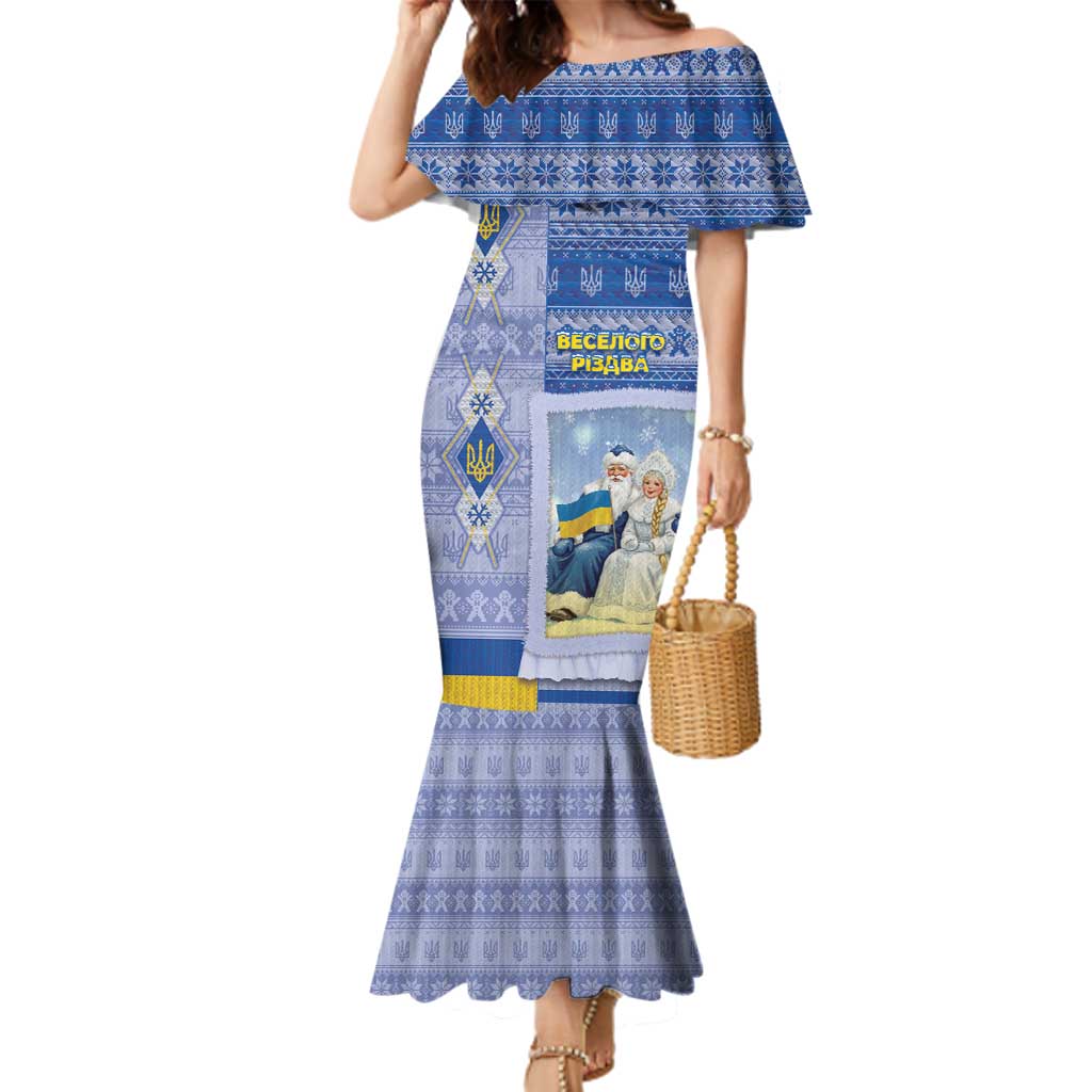 Ukraine Ded Moroz And Snegurochka Christmas Family Matching Mermaid Dress and Hawaiian Shirt With Wool Effect Patterns - Wonder Print Shop