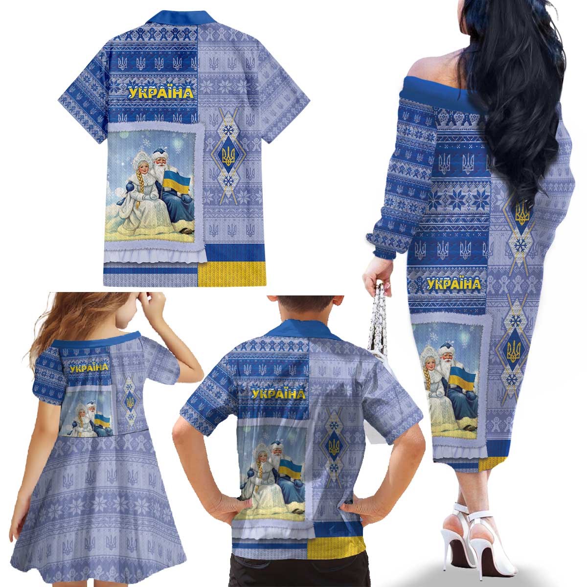Ukraine Ded Moroz And Snegurochka Christmas Family Matching Off The Shoulder Long Sleeve Dress and Hawaiian Shirt With Wool Effect Patterns - Wonder Print Shop
