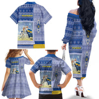 Ukraine Ded Moroz And Snegurochka Christmas Family Matching Off The Shoulder Long Sleeve Dress and Hawaiian Shirt With Wool Effect Patterns - Wonder Print Shop