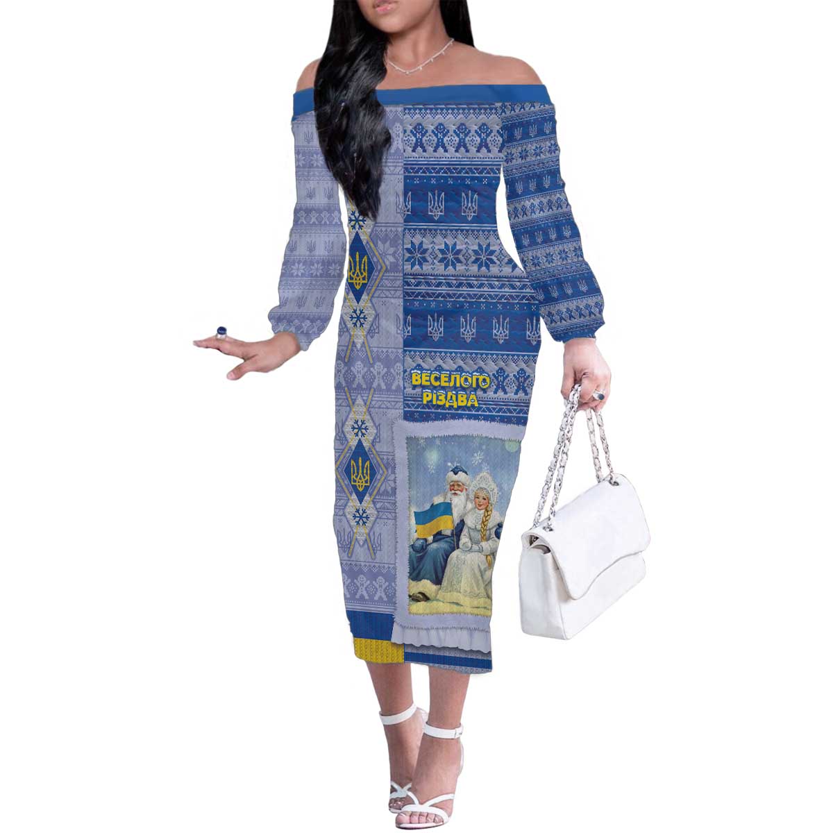 Ukraine Ded Moroz And Snegurochka Christmas Family Matching Off The Shoulder Long Sleeve Dress and Hawaiian Shirt With Wool Effect Patterns - Wonder Print Shop