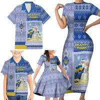 Ukraine Ded Moroz And Snegurochka Christmas Family Matching Short Sleeve Bodycon Dress and Hawaiian Shirt With Wool Effect Patterns - Wonder Print Shop