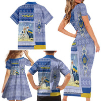 Ukraine Ded Moroz And Snegurochka Christmas Family Matching Short Sleeve Bodycon Dress and Hawaiian Shirt With Wool Effect Patterns - Wonder Print Shop