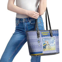 Ukraine Ded Moroz And Snegurochka Christmas Leather Tote Bag With Wool Effect Patterns - Wonder Print Shop