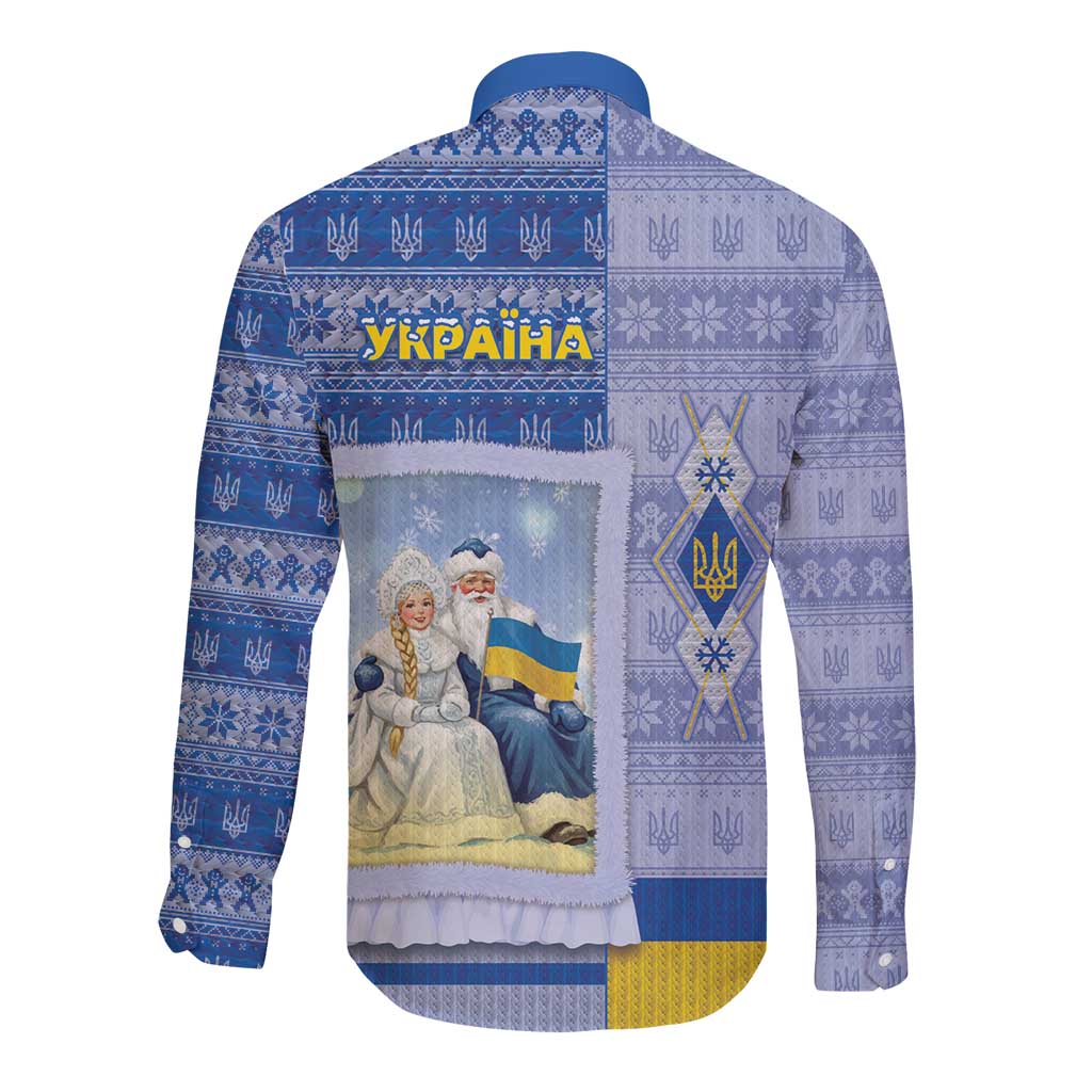 Ukraine Ded Moroz And Snegurochka Christmas Long Sleeve Button Shirt With Wool Effect Patterns - Wonder Print Shop