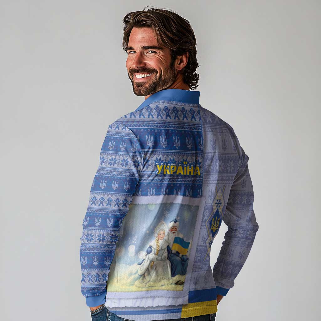 Ukraine Ded Moroz And Snegurochka Christmas Long Sleeve Polo Shirt With Wool Effect Patterns - Wonder Print Shop