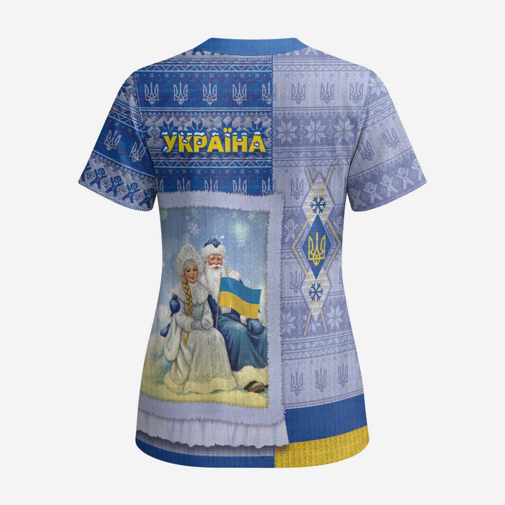 Ukraine Ded Moroz And Snegurochka Christmas Scrub Top With Wool Effect Patterns - Wonder Print Shop