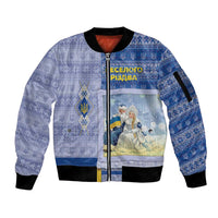 Ukraine Ded Moroz And Snegurochka Christmas Sleeve Zip Bomber Jacket With Wool Effect Patterns - Wonder Print Shop
