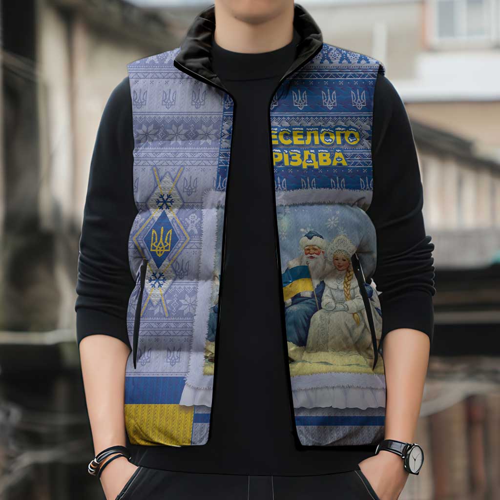 Ukraine Ded Moroz And Snegurochka Christmas Sleeveless Puffer Jacket With Wool Effect Patterns - Wonder Print Shop