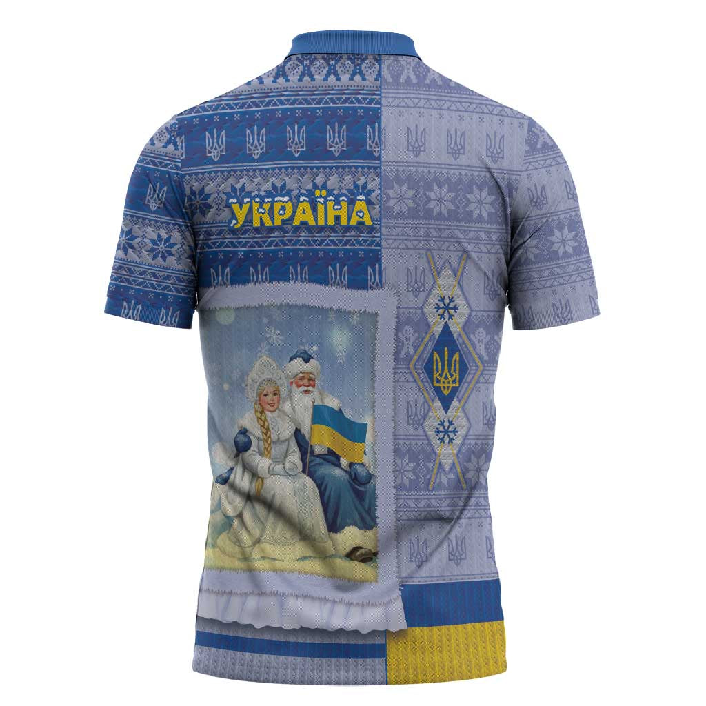 Ukraine Ded Moroz And Snegurochka Christmas Zipper Polo Shirt With Wool Effect Patterns - Wonder Print Shop
