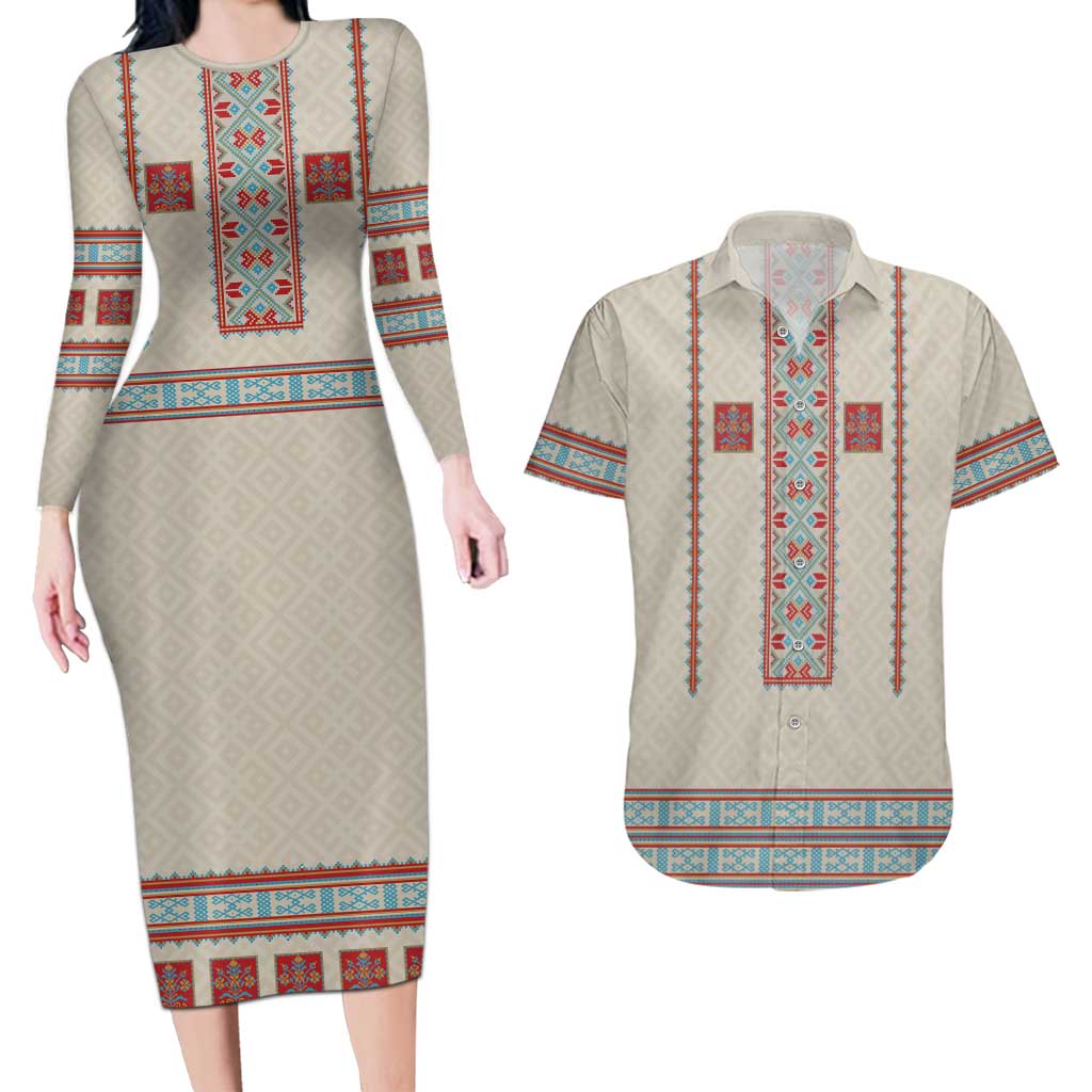 Lithuanian National Costume Couples Matching Long Sleeve Bodycon Dress and Hawaiian Shirt Traditional Folk Pattern - Wonder Print Shop