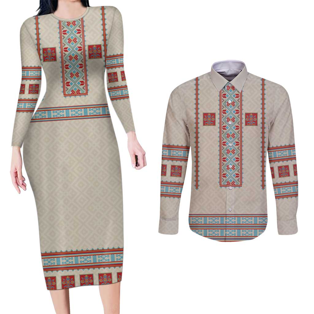 Lithuanian National Costume Couples Matching Long Sleeve Bodycon Dress and Long Sleeve Button Shirt Traditional Folk Pattern - Wonder Print Shop