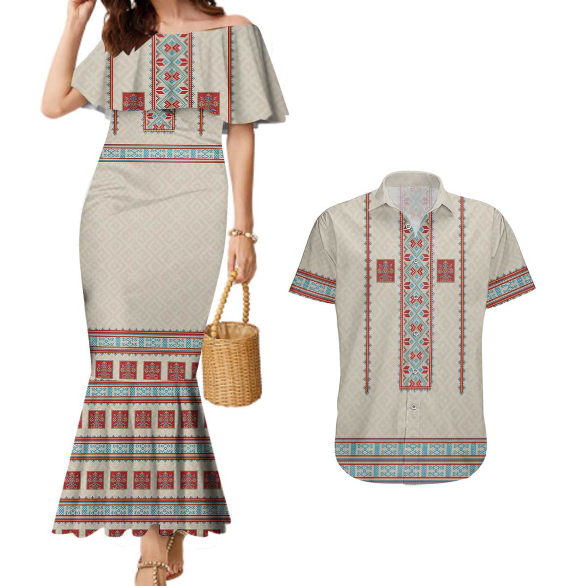 Lithuanian National Costume Couples Matching Mermaid Dress and Hawaiian Shirt Traditional Folk Pattern - Wonder Print Shop