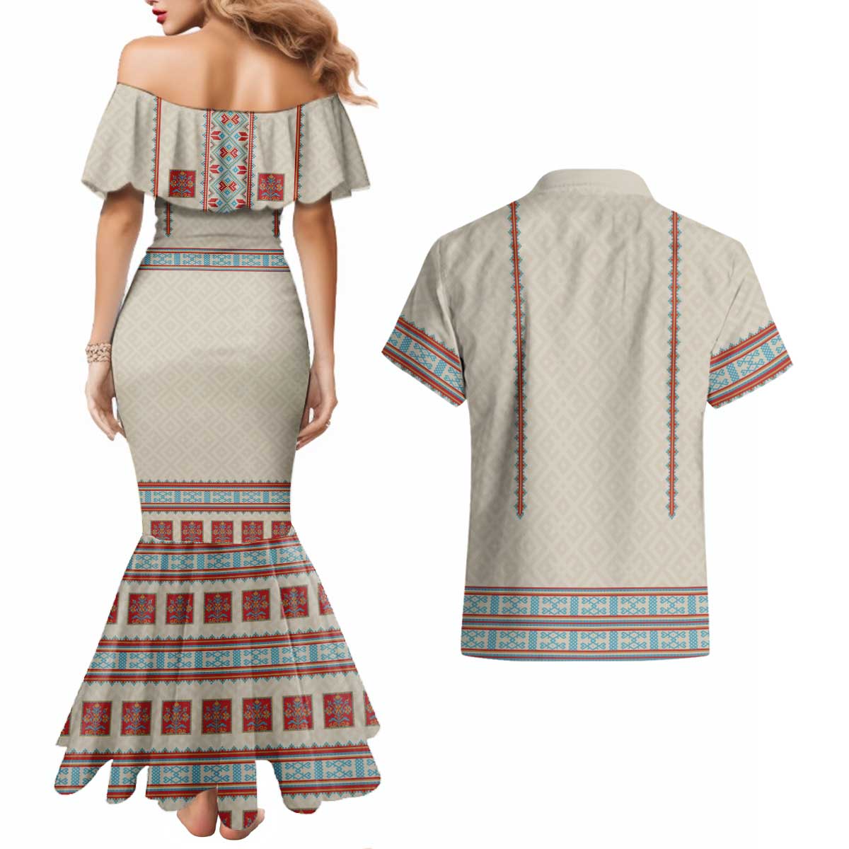 Lithuanian National Costume Couples Matching Mermaid Dress and Hawaiian Shirt Traditional Folk Pattern - Wonder Print Shop