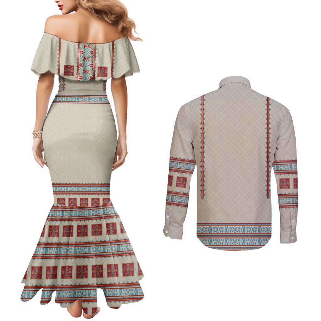 Lithuanian National Costume Couples Matching Mermaid Dress and Long Sleeve Button Shirt Traditional Folk Pattern - Wonder Print Shop