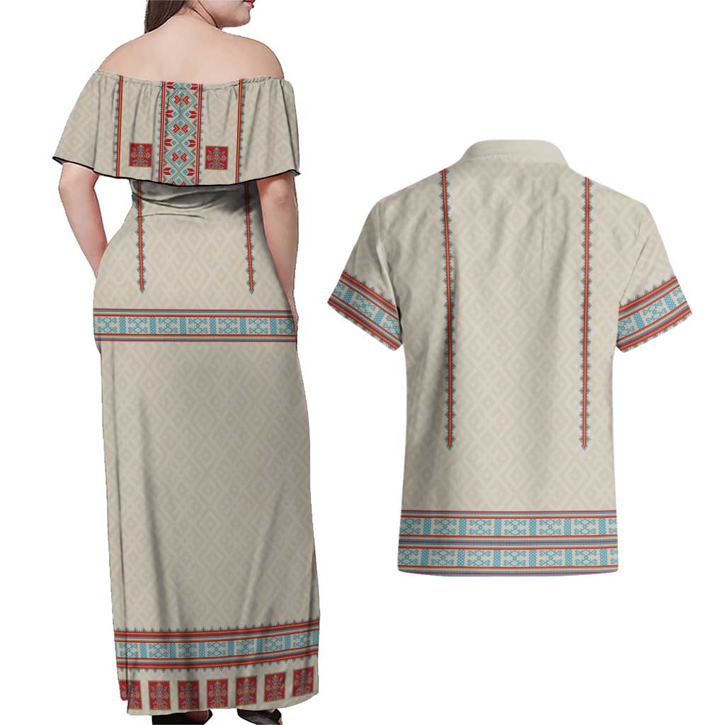 Lithuanian National Costume Couples Matching Off Shoulder Maxi Dress and Hawaiian Shirt Traditional Folk Pattern - Wonder Print Shop