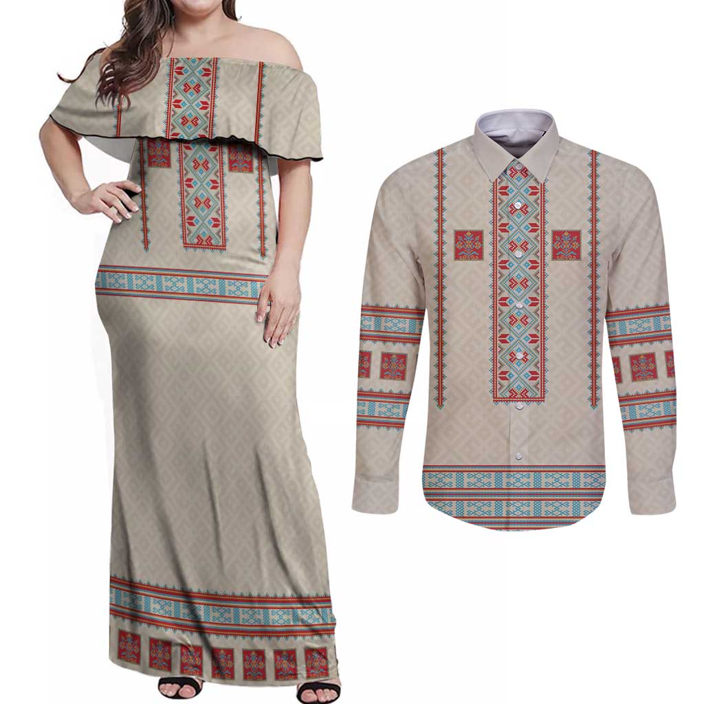 Lithuanian National Costume Couples Matching Off Shoulder Maxi Dress and Long Sleeve Button Shirt Traditional Folk Pattern - Wonder Print Shop