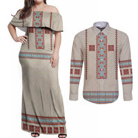 Lithuanian National Costume Couples Matching Off Shoulder Maxi Dress and Long Sleeve Button Shirt Traditional Folk Pattern - Wonder Print Shop