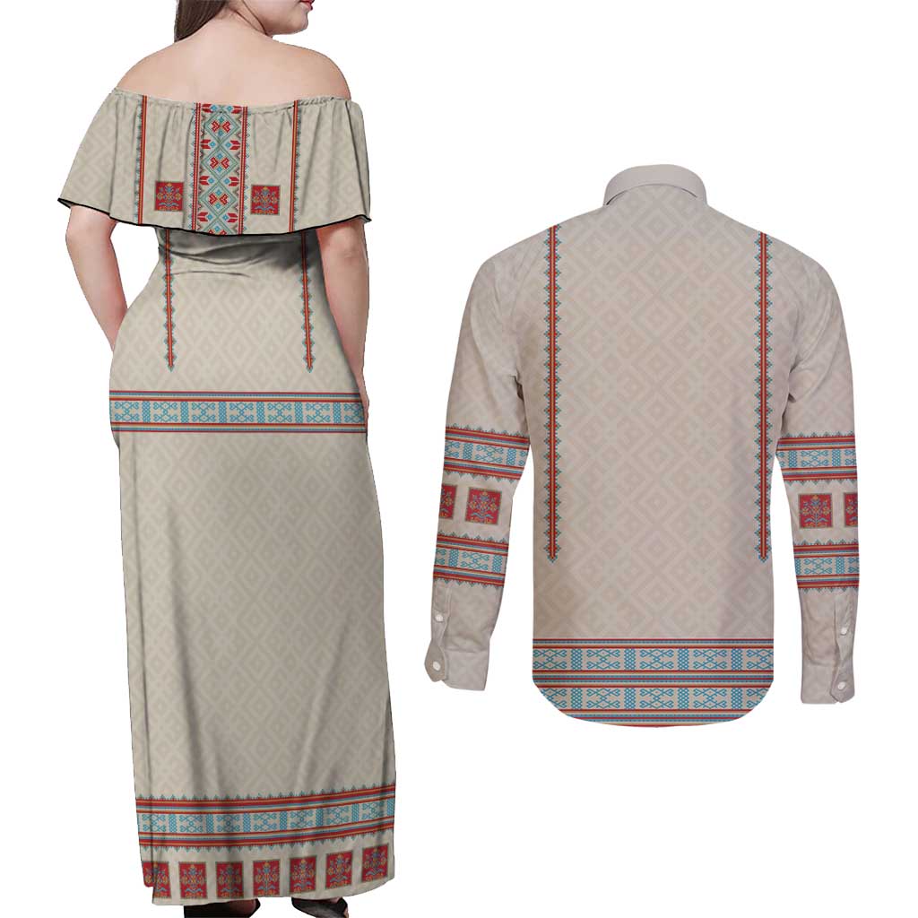 Lithuanian National Costume Couples Matching Off Shoulder Maxi Dress and Long Sleeve Button Shirt Traditional Folk Pattern - Wonder Print Shop