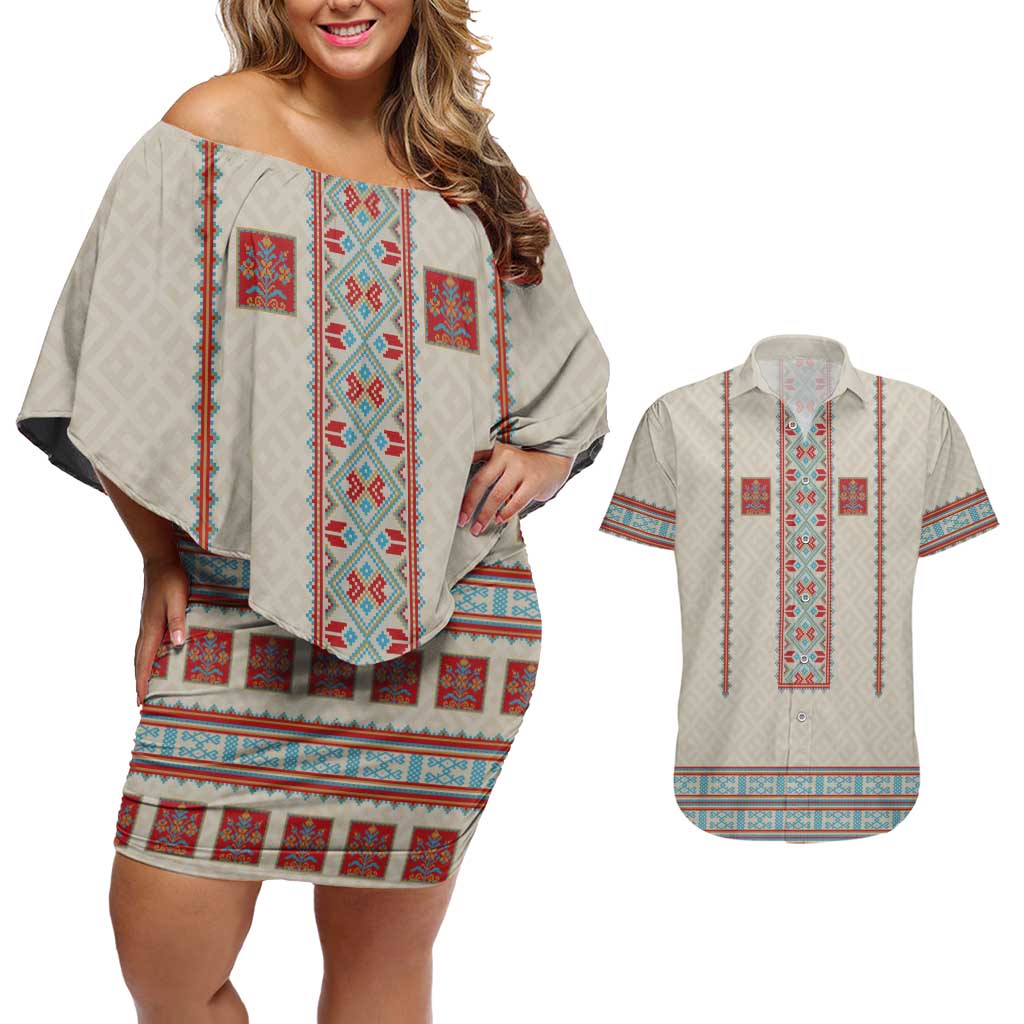 Lithuanian National Costume Couples Matching Off Shoulder Short Dress and Hawaiian Shirt Traditional Folk Pattern - Wonder Print Shop
